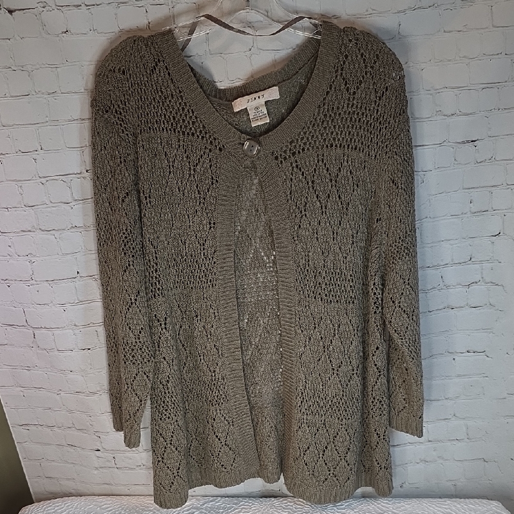 Jenny Boho Crochet Open Knit Cardigan‎ Sweater Taupe 100% Cotton 1X